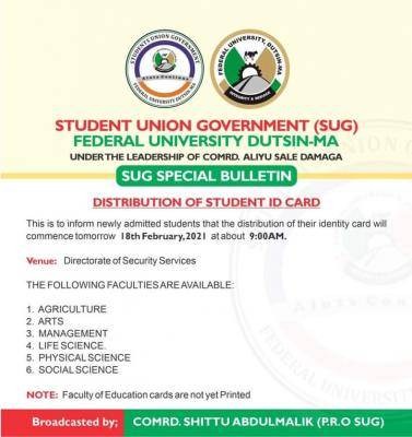 FUDUTSINMA SUG notice to students on collection of I.D Card