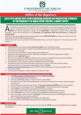 UNIABUJA Post-UTME/DE 2024: cut-off mark, eligibility and registration details