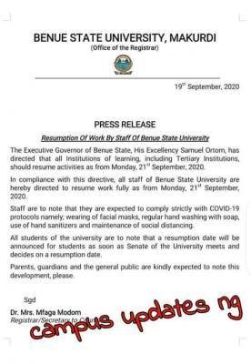 BSU resumption notice to staff and students