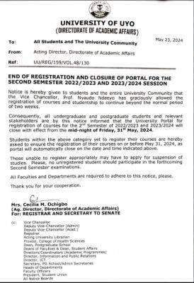 UNIUYO end of registration & closure of portal for 2nd semester, 2022/2023 & 2023/2024