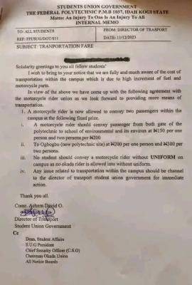 Federal Poly Idah notice to students on cost of transportation within the Polytechnic campus