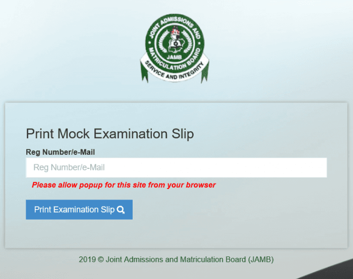 JAMB 2019 Mock Exam Slip Printing