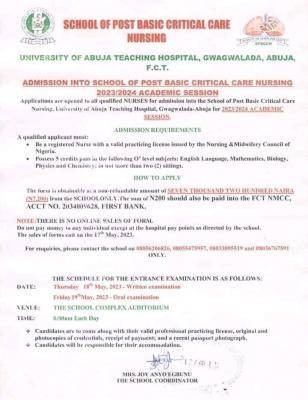 UNIABUJA Teaching Hospital admission into School of Post-Basic Critical Care Nursing – 2023/2024