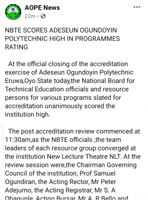 NBTE Scores Adeseun Ogundoyin Polytechnic high in programmes rating