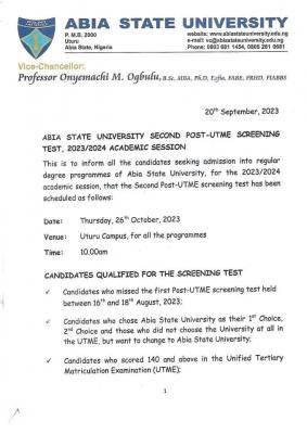 ABSU second Post UTME screening test, 2023/2024