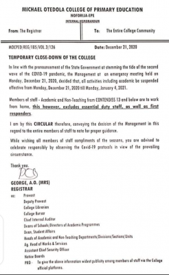 Michael Otedola College of Primary Education notice on closure