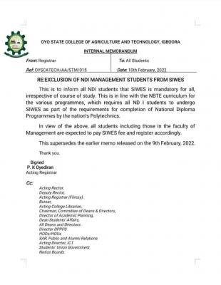 OYSCATECH notice to ND1 management students on SIWES