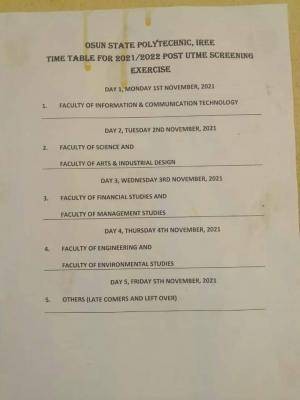 OSPOLY Timetable for Post-UTME Screening Exercise, 2021/2022