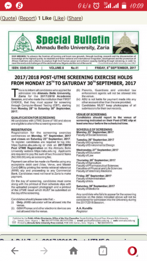 ABU Post-UTME 2017: Cut-off Mark, Screening and Registration Details