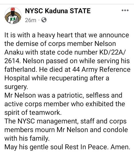 Corps member dies in Kaduna 