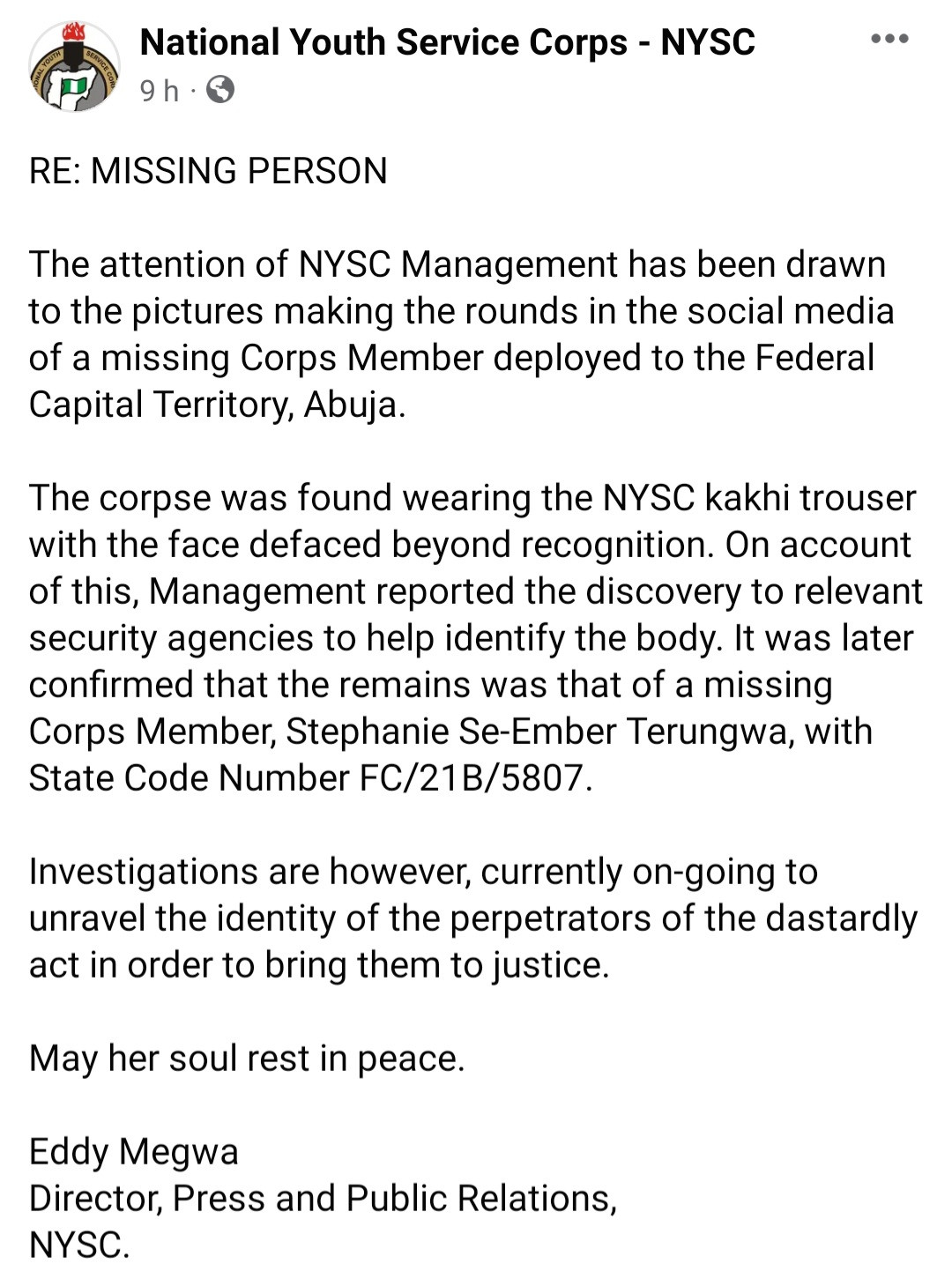 Missing Abuja Youth Corper found dead