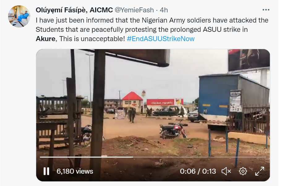 Soldiers accused of shooting at students protesting against ASUU strike in Akure to disperse them videos