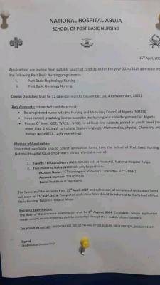 National Hospital Abuja School of Post Basic Nursing admission form, 2024/2025