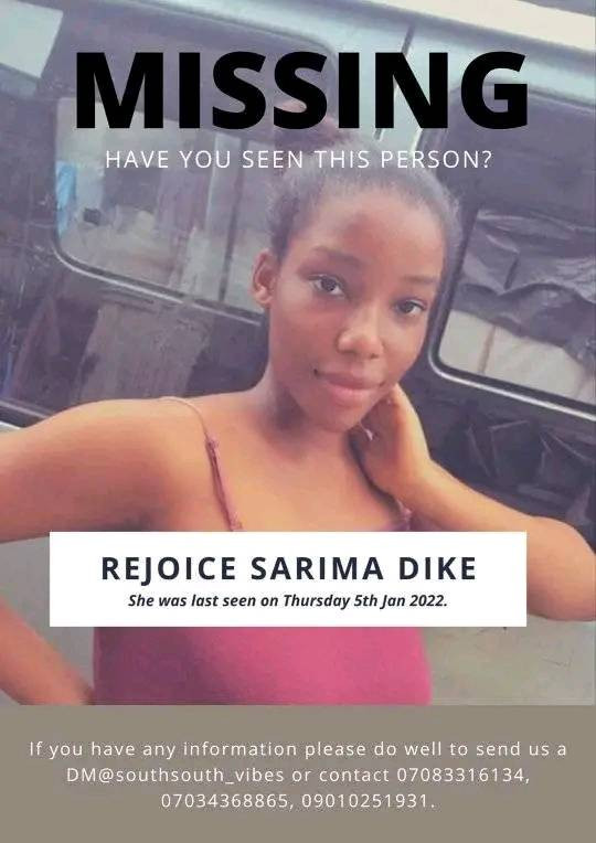 20yearold varsity student reported missing in Rivers 