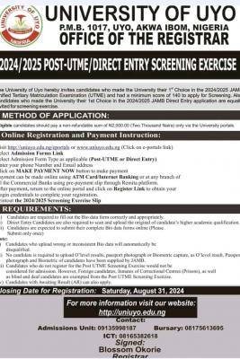 UNIUYO Post-UTME/DE 2024: cut-off mark, eligibility, and registration Details