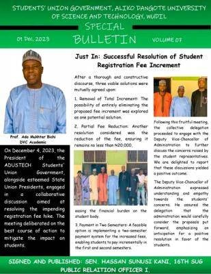 ADUSTECH SUG announces successful resolution of students registration fee increment