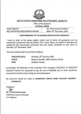 Delta State Maritime Polytechnic postpones maiden convocation Ceremony