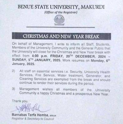 BSU notice of Christmas and New Year break