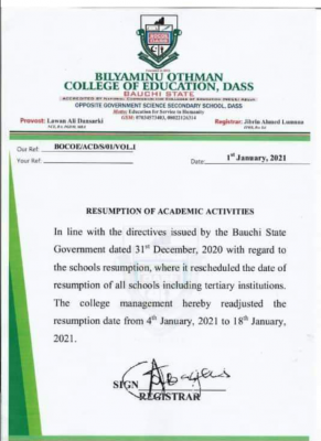 Bilyaminu Othman COE announces resumption date