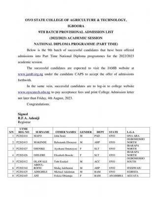 OYSCATECH 9th batch ND Admission List, 2022/2023