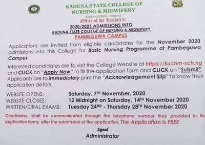 Kaduna State College of Nursing and Midwifery admission, 2020/2021