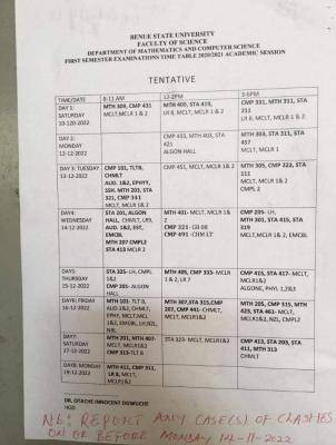 BSUM first semester examination timetable, 2020/2021