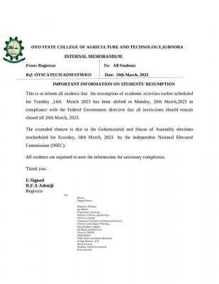 OYSCATECH important information on students' resumption