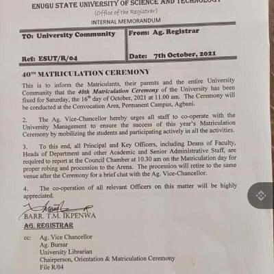 ESUT announces 40th matriculation ceremony