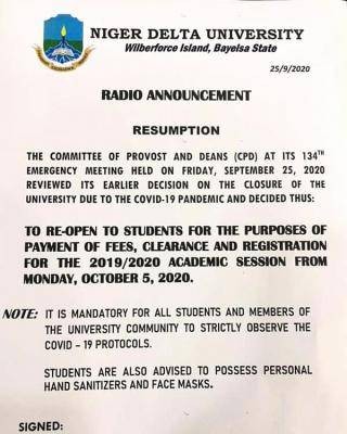 NDU announces resumption of academic activities