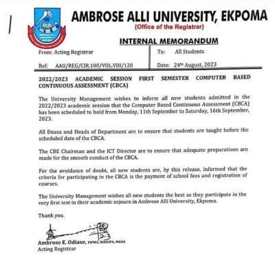 AAU notice of 1st semester computer based continuous assessment, 2022/2023