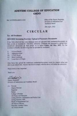 ACEONDO notice to new students on uploading of necessary documents