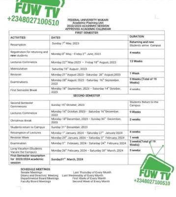 FUWUKARI approved Academic Calendar 2022/2023 Released