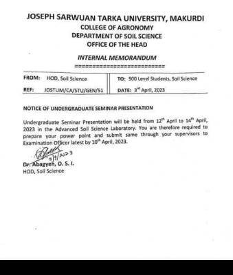 Joseph Sarwuan Tarka University notice of undergraduate seminar presentation