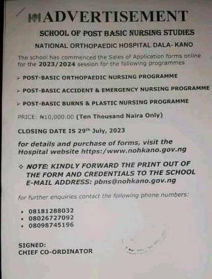 School of Post-Basic Nursing, National Orthopaedic Hospital, Dala-Kano form, 2023/2024