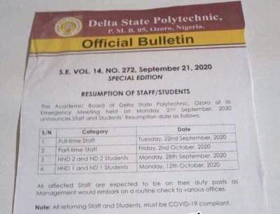 Delta State Poly Ozoro  announces resumption date