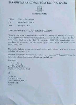 Isa Mustapha Agwai Poly issues notice on adjustment of academic calendar, 2023/2024