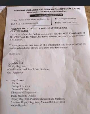 FCE special Oyo notice on NCE certificate collection for 2016/2017 & 2017/2018 sessions