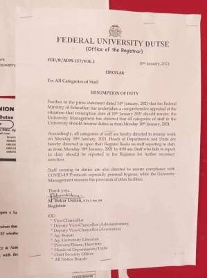 FUdutse notice on resumption