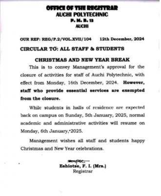 Auchi Polytechnic notice of Christmas and New Year break