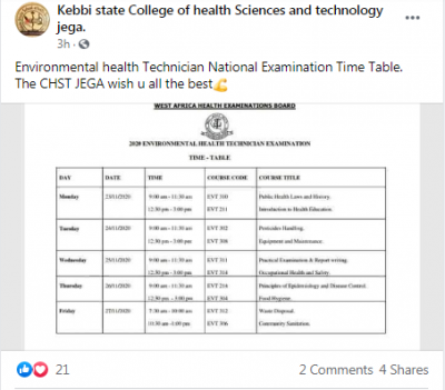 College of Health Sciences and Tech, Jega, Kebbi State 2020 WAHEB timetable