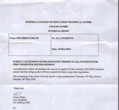 FCE (Tech) Gombe notice on extension of registration period for 1st semester, 2023/2024