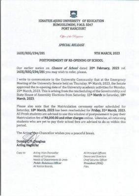 IAUE postpones re-opening of school