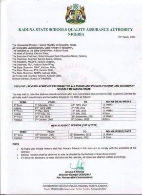 Kaduna State revised academic calendar for public and private primary & secondary schools