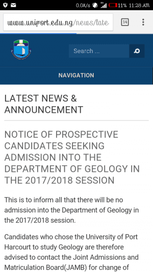 UNIPORT Will Not Admit Candidates Into Department Of Geology For 2017/2018