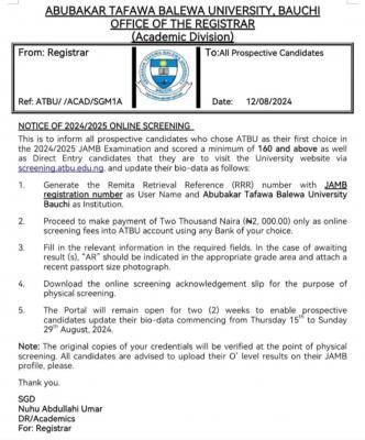 ATBU Post-UTME/DE 2024: cut-off mark, eligibility and registration details