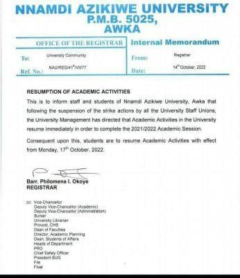 UNIZIK announce resumption of academic activities