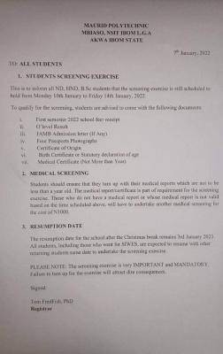 Maurid Polytechnic notice on screening exercise