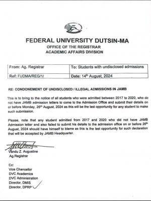 FUDUTSINMA notice to Students with undisclosed admissions