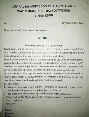 Waziri Umaru Federal Polytechnic notice on re-enforcement of COVID-19 compliance