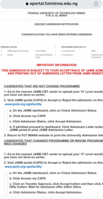 FUTMINNA 1st Batch admission list out on school portal, 2022/2023